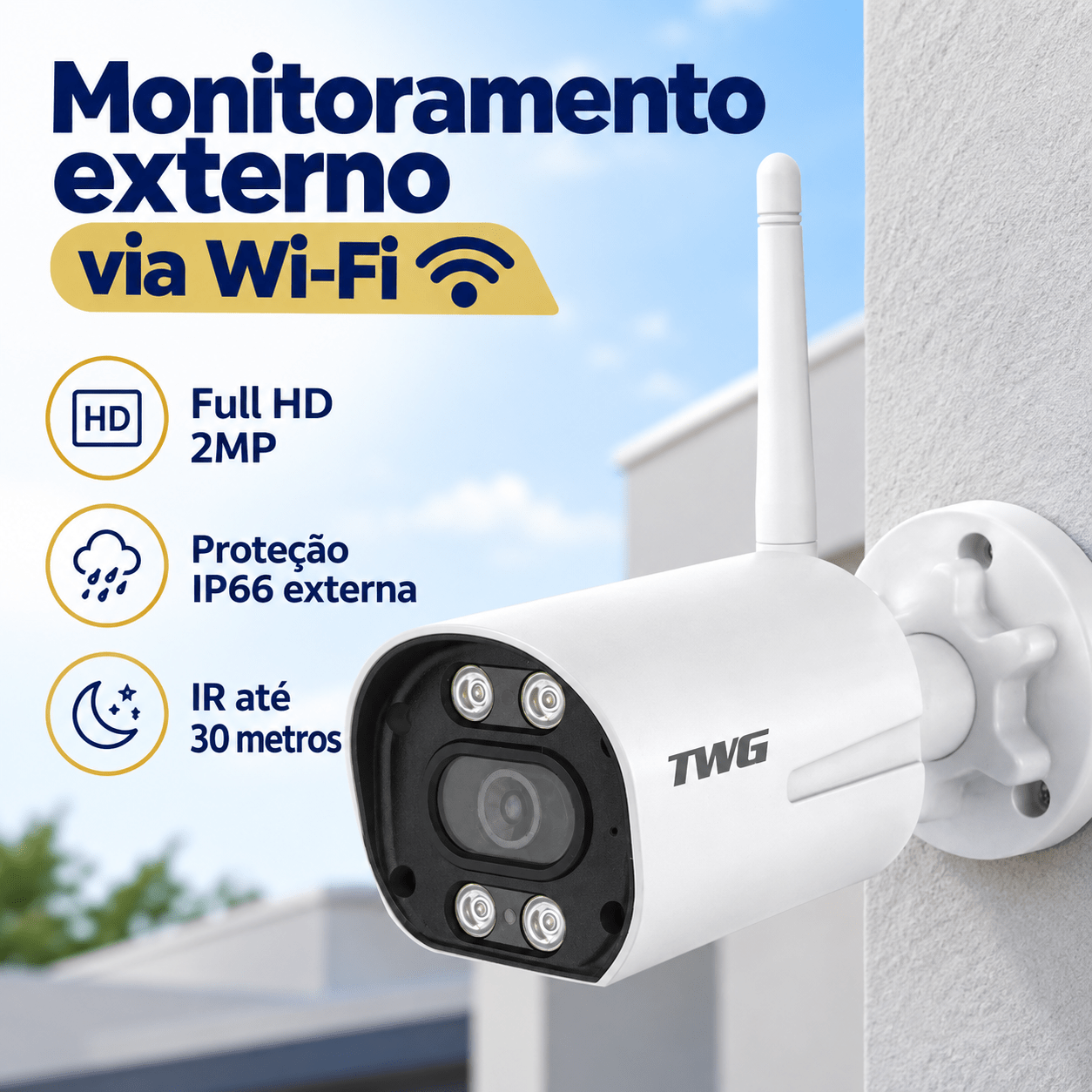 CÂMERA BULLET IP FULL HD 2MP 1080P WI-FI EXTERNA TW-9520 WB TWG