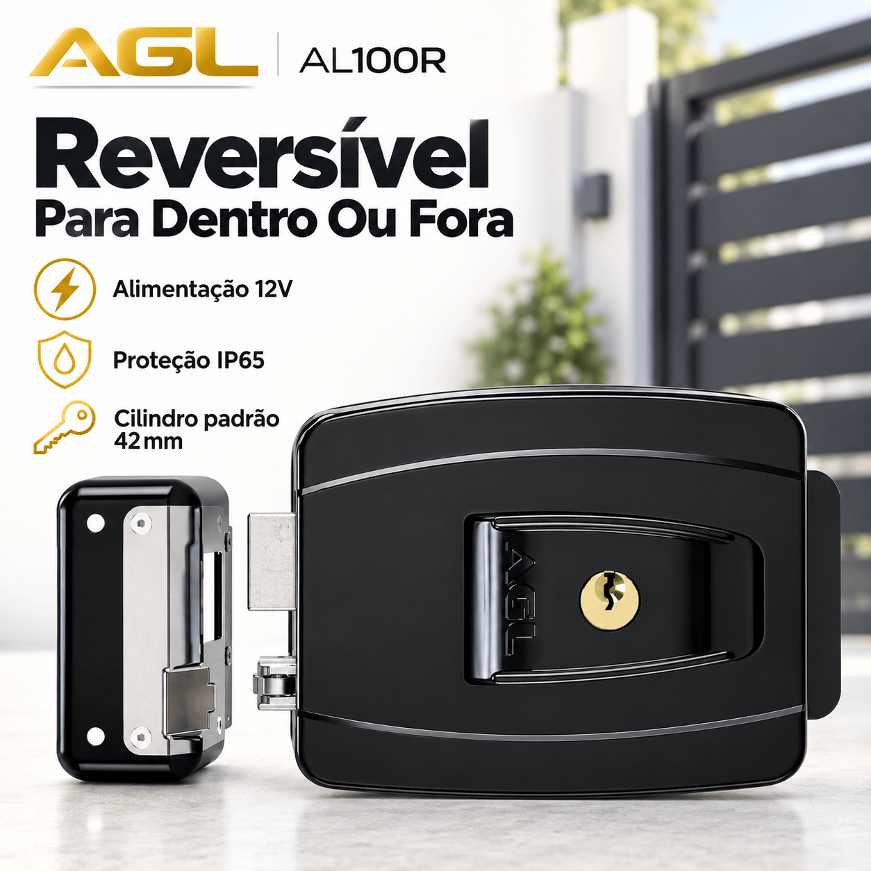 FECHADURA ELÉTRICA REVERSÍVEL 12V PRETA AGL AL100R