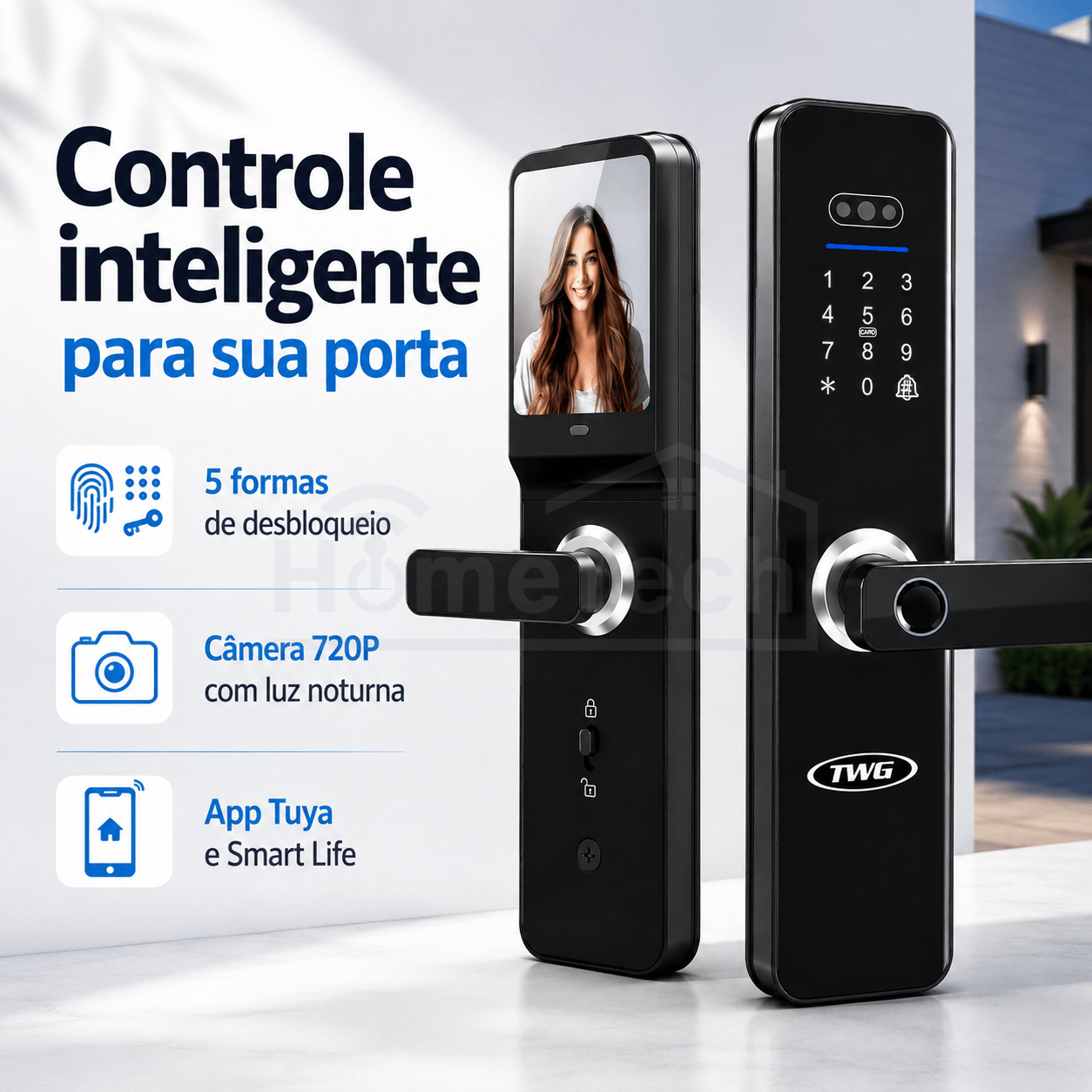 FECHADURA INTELIGENTE COM VIDEO, SENHA, CARTÃO E BIOMETRIA TWG- TW-4040 FE
