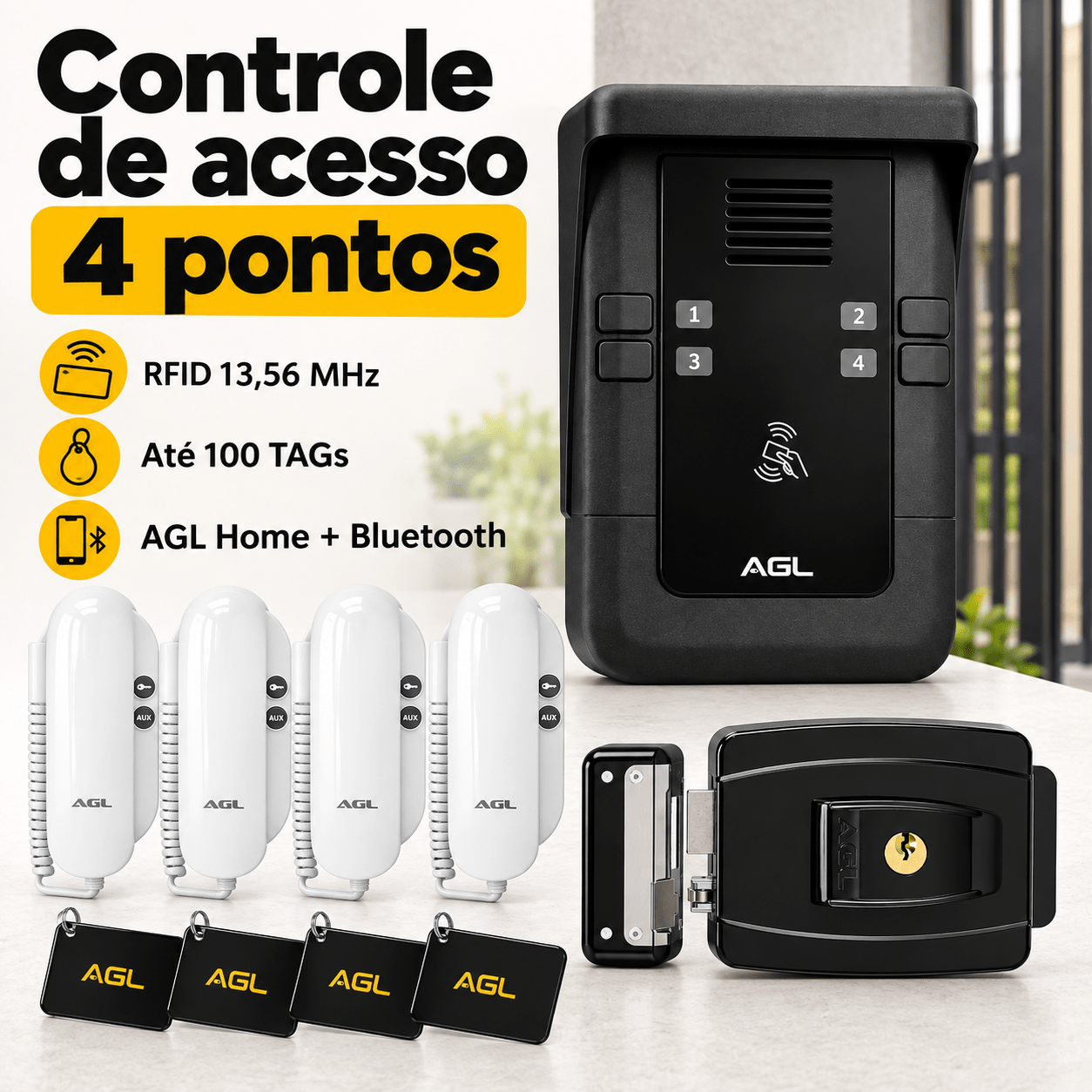 KIT PORTEIRO ELETRÔNICO COLETIVO 4 PONTOS S500 + 4 INTERFONES + 1 FECHADURA + 4 TAG AGL