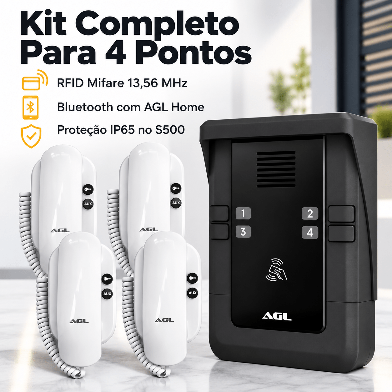 KIT PORTEIRO ELETRÔNICO COLETIVO 4 PONTOS S500 + 4 INTERFONES AGL