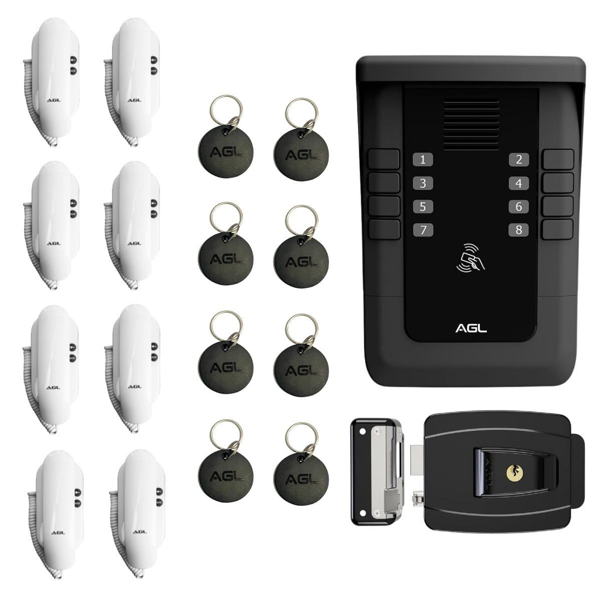 Kit Porteiro EletrÔnico Coletivo 8 Pontos S500 8 Interfones 1 Fechadura 8 Tag Agl Home Tech 9578