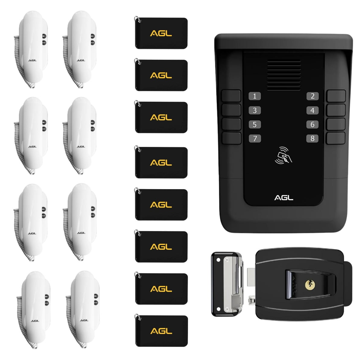 KIT PORTEIRO ELETRÔNICO COLETIVO 8 PONTOS S500 + 8 INTERFONES + 1 FECHADURA + 8 TAG AGL