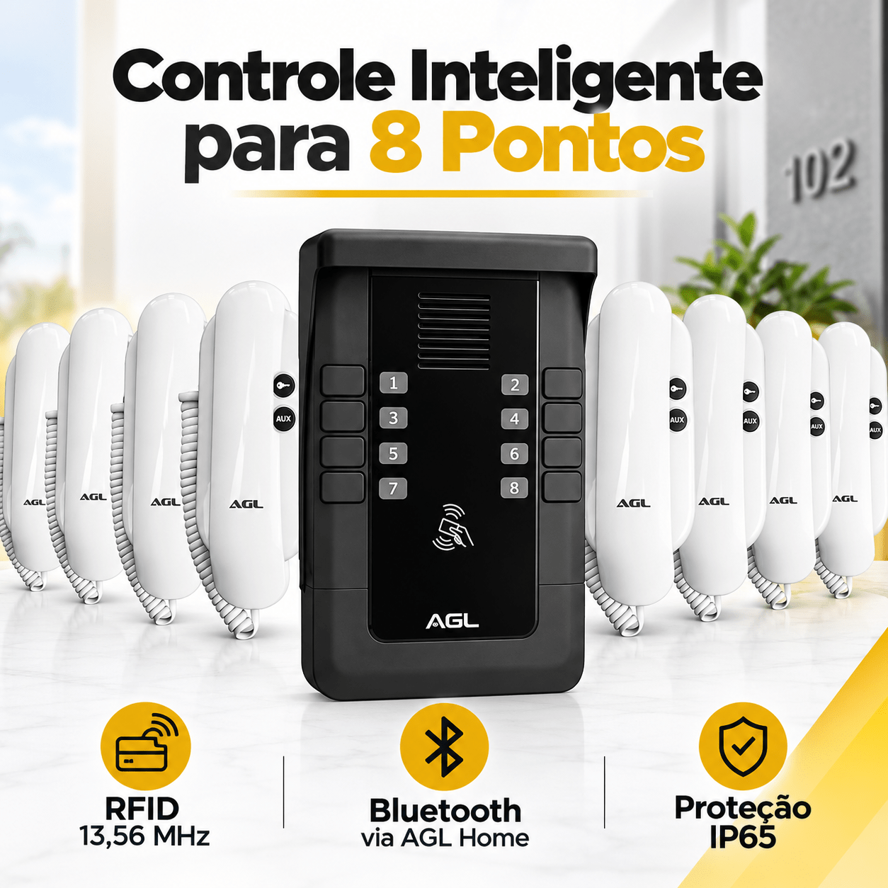 KIT PORTEIRO ELETRÔNICO COLETIVO 8 PONTOS S500 + 8 INTERFONES AGL