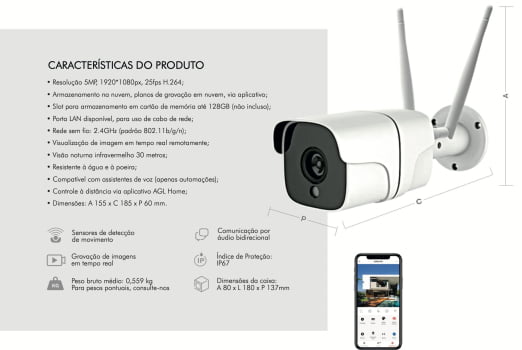 CÂMERA BULLET INTELIGENTE WIFI 5MP FULL HD EXTERNO AGL