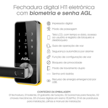 Fechadura AGL H11 Digital Bluetooth com App, Biometria, Cartão e Chave