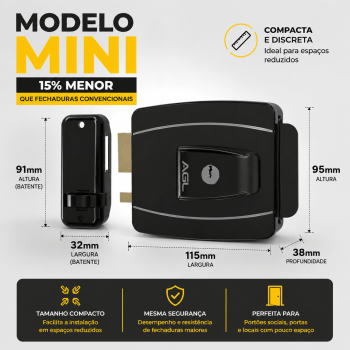 FECHADURA ELÉTRICA AGL Mini 12V SEGURANÇA PORTÃO SOCIAL