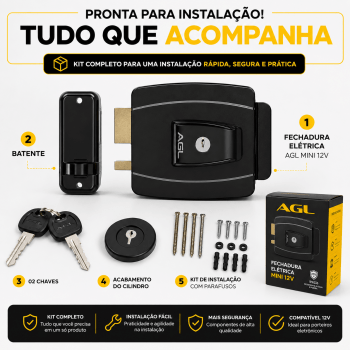 FECHADURA ELÉTRICA AGL Mini 12V SEGURANÇA PORTÃO SOCIAL
