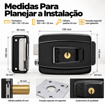 FECHADURA ELÉTRICA REVERSÍVEL 12V PRETA AGL AL100R