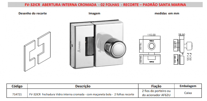 FECHADURA ELETRONICA PARA PORTA DE VIDRO AMELCO FV-32ICR