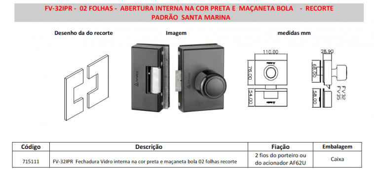 FECHADURA ELETRONICA PARA PORTA DE VIDRO AMELCO FV-32IPR