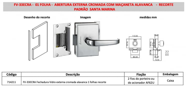 FECHADURA ELETRONICA PARA PORTA DE VIDRO AMELCO FV-33ECRA