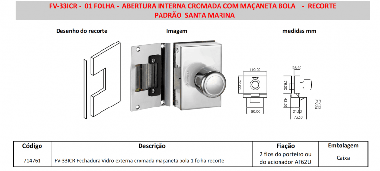 FECHADURA ELETRONICA PARA PORTA DE VIDRO AMELCO FV-33ICR