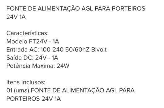 FONTE PARA PORTEIRO COLETIVO 24v AGL