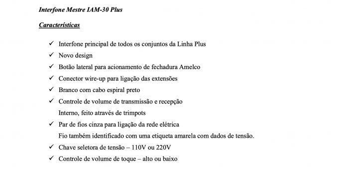 INTERFONE MESTRE PARA PORTEIRO RESIDENCIA AMELCO IAM-30 PLUS