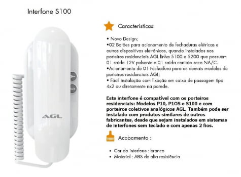 INTERFONE MONOFONE EXTENSÃO UNIVERSAL COM 2 BOTÕES AGL S100