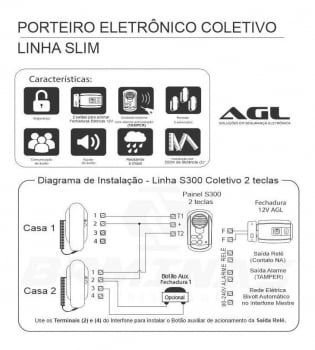 KIT PORTEIRO ELETRÔNICO COLETIVO 2 PONTO S100 SLIM AGL