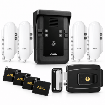 KIT PORTEIRO ELETRÔNICO COLETIVO 4 PONTOS S500 + 4 INTERFONES + 1 FECHADURA + 4 TAG AGL
