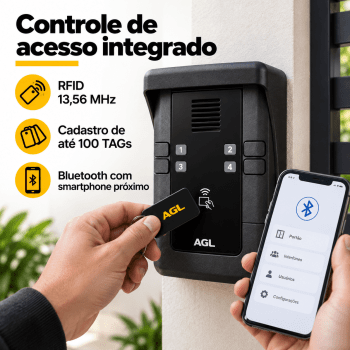 KIT PORTEIRO ELETRÔNICO COLETIVO 4 PONTOS S500 + 4 INTERFONES + 1 FECHADURA + 4 TAG AGL