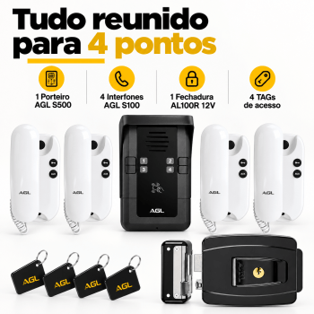 KIT PORTEIRO ELETRÔNICO COLETIVO 4 PONTOS S500 + 4 INTERFONES + 1 FECHADURA + 4 TAG AGL
