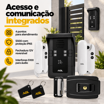 KIT PORTEIRO ELETRÔNICO COLETIVO 4 PONTOS S500 + 4 INTERFONES + 1 FECHADURA + 4 TAG AGL