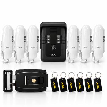 KIT PORTEIRO ELETRÔNICO COLETIVO 6 PONTOS S500 + 6 INTERFONES + 1 FECHADURA + 6 TAG AGL