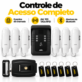 KIT PORTEIRO ELETRÔNICO COLETIVO 6 PONTOS S500 + 6 INTERFONES + 1 FECHADURA + 6 TAG AGL