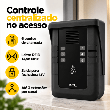 KIT PORTEIRO ELETRÔNICO COLETIVO 6 PONTOS S500 + 6 INTERFONES + 1 FECHADURA + 6 TAG AGL
