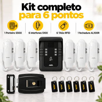 KIT PORTEIRO ELETRÔNICO COLETIVO 6 PONTOS S500 + 6 INTERFONES + 1 FECHADURA + 6 TAG AGL