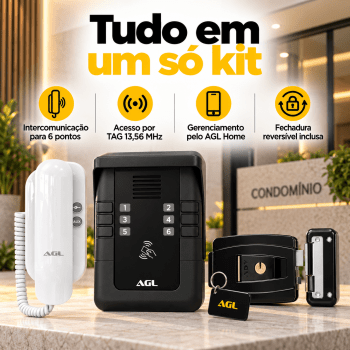 KIT PORTEIRO ELETRÔNICO COLETIVO 6 PONTOS S500 + 6 INTERFONES + 1 FECHADURA + 6 TAG AGL