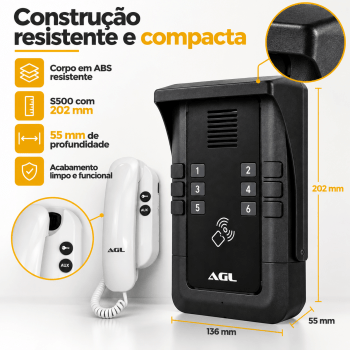 KIT PORTEIRO ELETRÔNICO COLETIVO 6 PONTOS S500 + 6 INTERFONES AGL