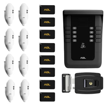KIT PORTEIRO ELETRÔNICO COLETIVO 8 PONTOS S500 + 8 INTERFONES + 1 FECHADURA + 8 TAG AGL