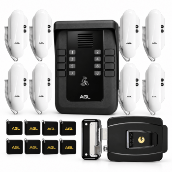 KIT PORTEIRO ELETRÔNICO COLETIVO 8 PONTOS S500 + 8 INTERFONES + 1 FECHADURA + 8 TAG AGL