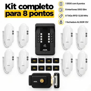 KIT PORTEIRO ELETRÔNICO COLETIVO 8 PONTOS S500 + 8 INTERFONES + 1 FECHADURA + 8 TAG AGL