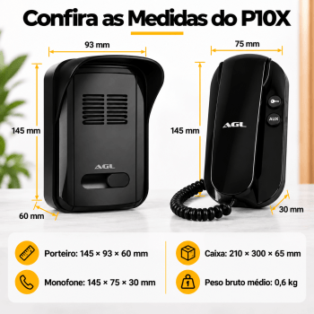 KIT PORTEIRO INTERFONE RESIDENCIAL WIFI AGL P10X WIFI BIVOLT - PRETO